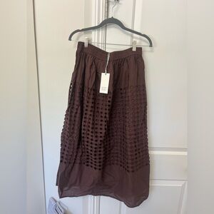 Brown Eyelet Midi Skirt with Elastic Waist